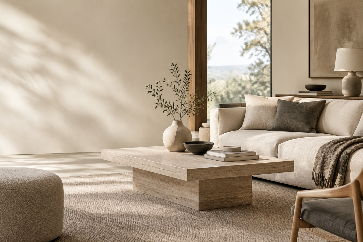 Kumiware main-slide image, a modern luxury living room in warm ivory and taupe